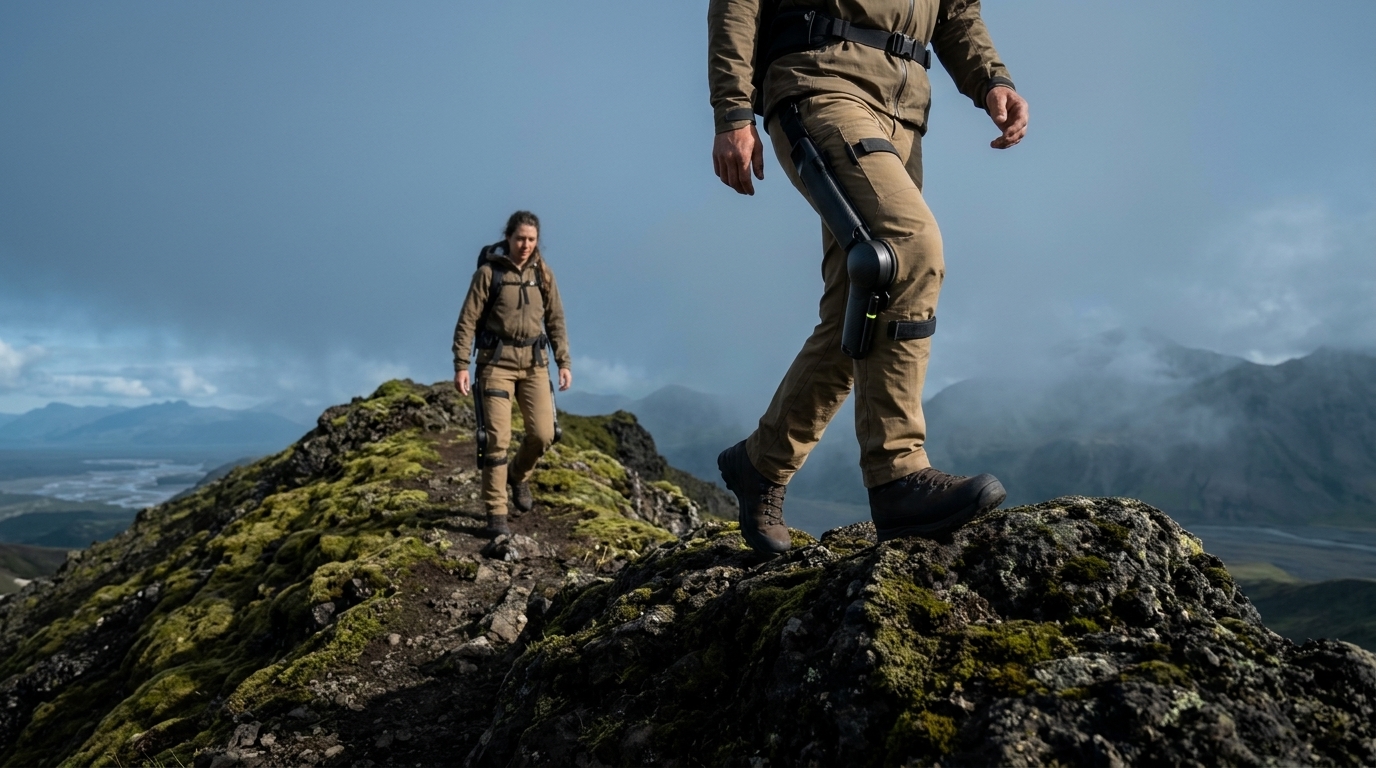 Two mountaineers ascending a mossy alpine ridge in the Coast Mountains wearing Skip MO/GO powered clothing